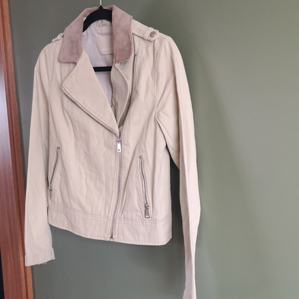 SOIA & KYO Kiera Moto Leather & Cotton Zip Up Jacket Sz Small - Picture 2 of 14